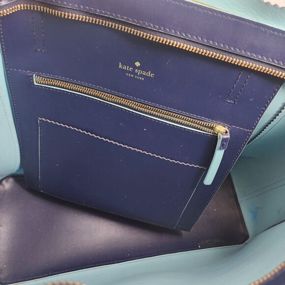 Kate Spade New York Navy Blue Leather Tote Bag Large Light Blue Trim Zip Top - Picture 15 of 15